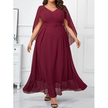 

Plus Size Valentine's Day Cloak Sleeve V Neck Chiffon Overlay O Ring Belt Zip Back Dress, Deep red