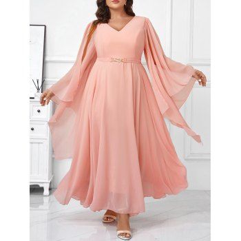 

Plus Size Valentine's Day Solid Color Hanging Sleeve Self-Belted Dress Ruffle Sleeve V Neck Maxi Dress, Light pink