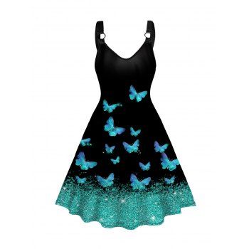 

Plus Size Allover Spark Butterfly Print Tank Dress O Ring A Line Casual Dress, Blue