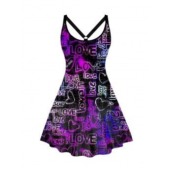 

Plus Size Valentine's Day Allover Love Heart Print Dress O Ring Back Elastic Strap Cami Dress, Black