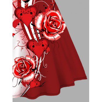Plus Size Valentine's Day Allover Red Rose Heart Print Dress V Neck O-Ring A Line Dress