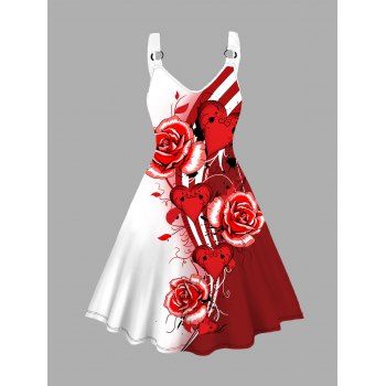

Plus Size Valentine's Day Allover Red Rose Heart Print Dress V Neck O-Ring A Line Dress