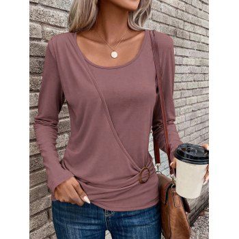 

Solid Color Waist O Ring Detail Tee Ruched Long Sleeve Round Collar T Shirt, Light pink