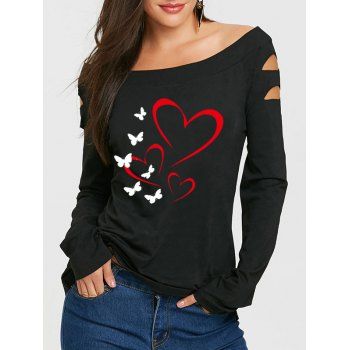 

Valentine's Day Boat Neck Cut Out Shoulder Tee Butterfly Red Heart Print Long Sleeve T Shirt, Black