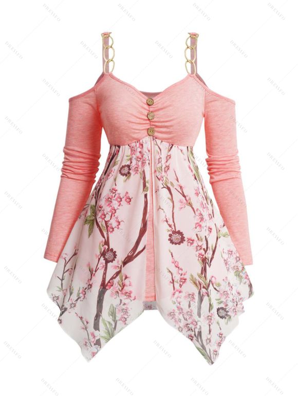 La Saint-Valentin Femmes Ruffle Flower Branche imprimée STRAPE IRRÉGULAIRE TOP CASSÉ - Rose clair L | US 8-10