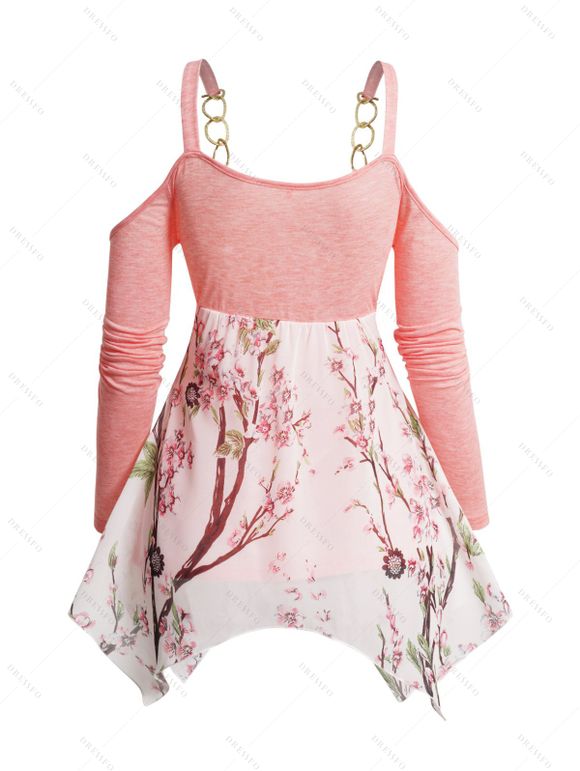 La Saint-Valentin Femmes Ruffle Flower Branche imprimée STRAPE IRRÉGULAIRE TOP CASSÉ - Rose clair L | US 8-10