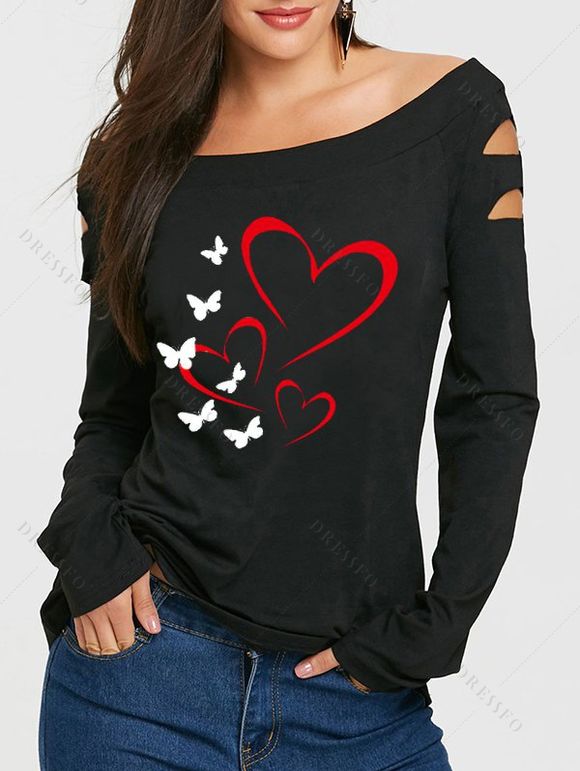 Saint Valentin bateau col découpé épaule Tee papillon rouge coeur imprimé manches longues T Shirt - Noir XL | US 12