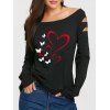 Valentine's Day Boat Neck Cut Out Shoulder Tee Butterfly Red Heart Print Long Sleeve T Shirt