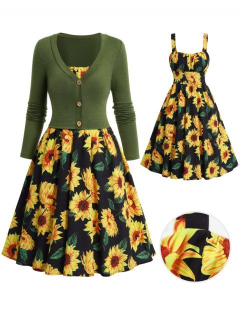 Women Sunflower Print Colorblock Dress And Solid Top Casual Daily Two Piece Set