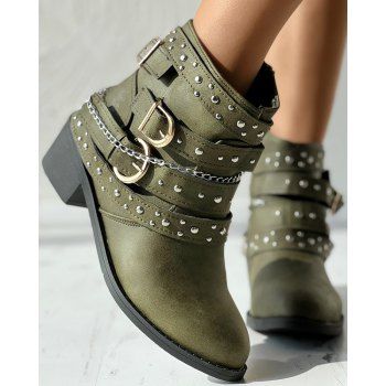 

Rivet Buckle Strap Zip Up Chunky Heel Punk Boots, Green