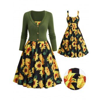 

Women Sunflower Print Colorblock Dress And Solid Top Casual Daily Two Piece Set, Deep green