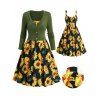 Women Sunflower Print Colorblock Dress And Solid Top Casual Daily Two Piece Set
