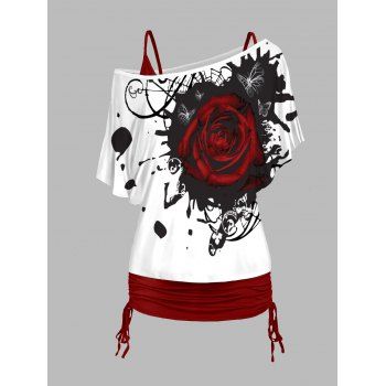

Butterfly Rose Print Oblique Shoulder T Shirt And Cinched V Neck Spaghetti Strap Two Piece Set, Deep red