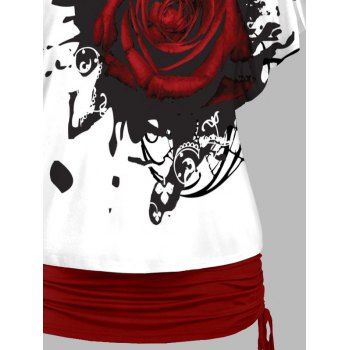 Butterfly Rose Print Oblique Shoulder T Shirt And Cinched V Neck Spaghetti Strap Two Piece Set