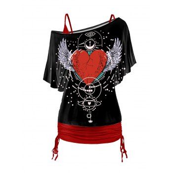 

Wing Broken Heart Geometric Print Oblique Shoulder T Shirt And Cinched V Neck Spaghetti Strap Two Piece Set, Black