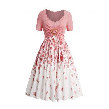 

Petal Print Heart Ring Crossover Front A Line Dress V Neck Short Sleeve Dress, Light pink