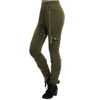 

Women Drawstring Side Pocket Casual High Waist Solid Color Pencil Pants With Chain, Deep green