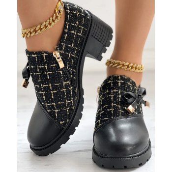Retro British Style Tweed Patch Bowknot Chunky Heel Loafers