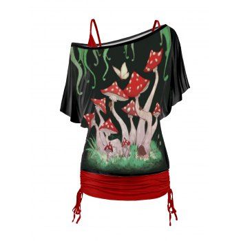 

Mushroom Butterfly Print Oblique Shoulder T Shirt And Cinched Spaghetti Strap Two Piece Set, Black