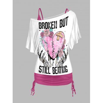 

Broken Heart Letters Skeleton Hands Rose Print Oblique Shoulder T Shirt And Cinched V Neck Spaghetti Strap Two Piece Set, Light pink