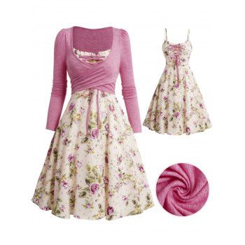

Women Crossover Floral Print Fashion High Waist Causal 2 Pieces Dress, Light pink
