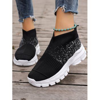 

Lightweight Knit Detail Sports Sneakers Breathable Chunky Heel Slip On Casual Shoes, Black