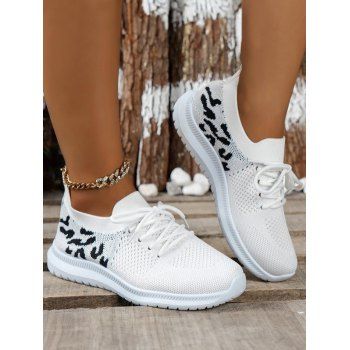 

Mesh Leopard Pattern Lace-up Flat Low-cut Running Shoes, White