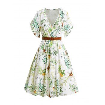 

Allover Lemon Leaf Butterly Print Surplice Dress Plunge Belt Short Sleeve Dress, Green