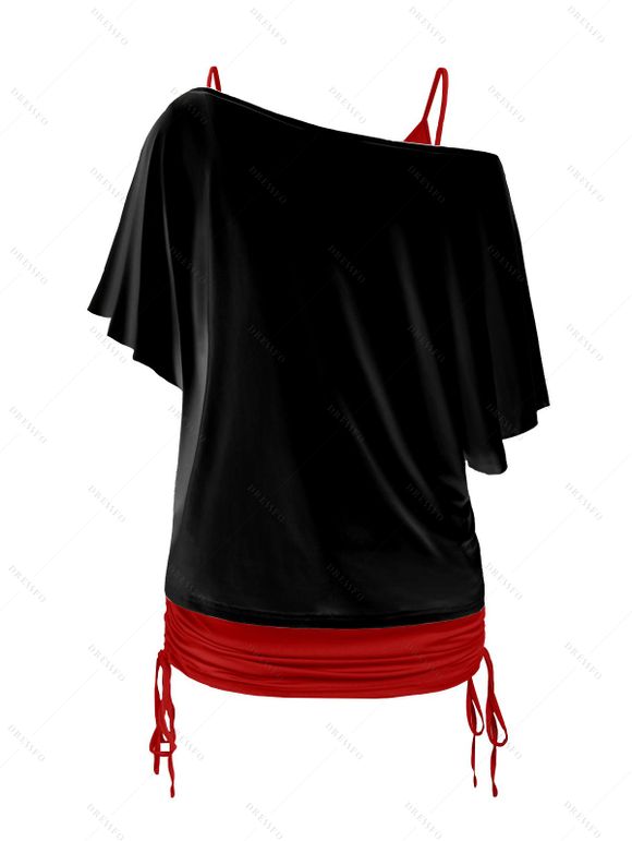 Aile coeur brisé imprimé géométrique épaule Oblique t-shirt et col V cintré sangle Spaghetti ensemble deux pièces - Noir M | US 6