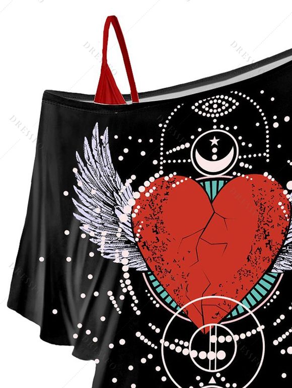 Aile coeur brisé imprimé géométrique épaule Oblique t-shirt et col V cintré sangle Spaghetti ensemble deux pièces - Noir M | US 6