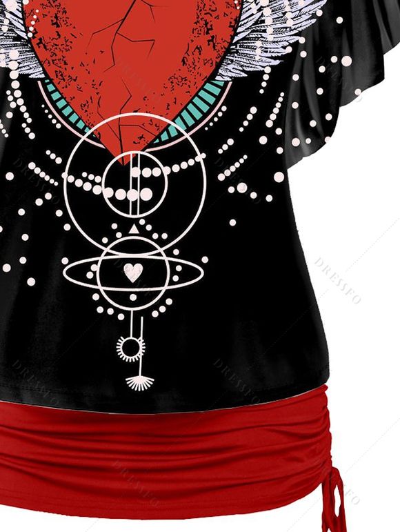 Aile coeur brisé imprimé géométrique épaule Oblique t-shirt et col V cintré sangle Spaghetti ensemble deux pièces - Noir M | US 6