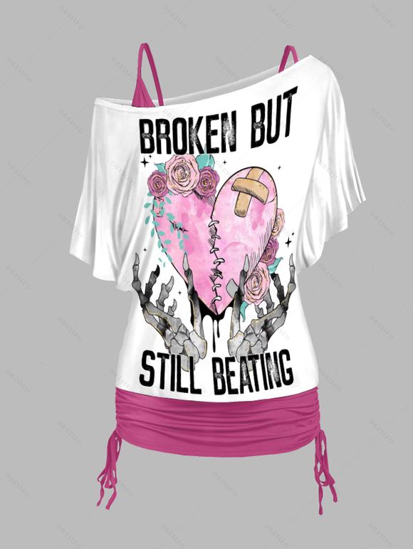 Coeur brisé lettres squelette mains imprimé Rose épaule Oblique t-shirt et cinché V bracelet Spaghetti ensemble deux pièces - Rose clair XL | US 10