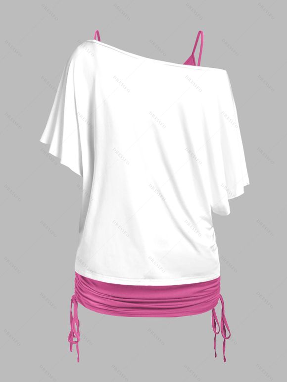 Coeur brisé lettres squelette mains imprimé Rose épaule Oblique t-shirt et cinché V bracelet Spaghetti ensemble deux pièces - Rose clair S | US 4