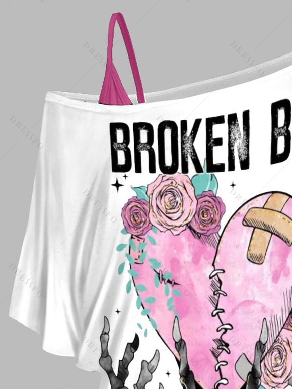 Coeur brisé lettres squelette mains imprimé Rose épaule Oblique t-shirt et cinché V bracelet Spaghetti ensemble deux pièces - Rose clair S | US 4