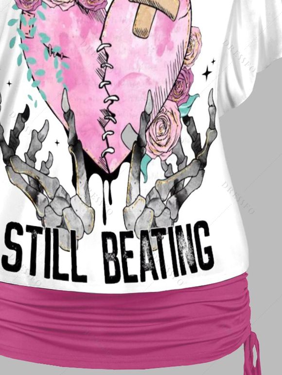 Coeur brisé lettres squelette mains imprimé Rose épaule Oblique t-shirt et cinché V bracelet Spaghetti ensemble deux pièces - Rose clair S | US 4