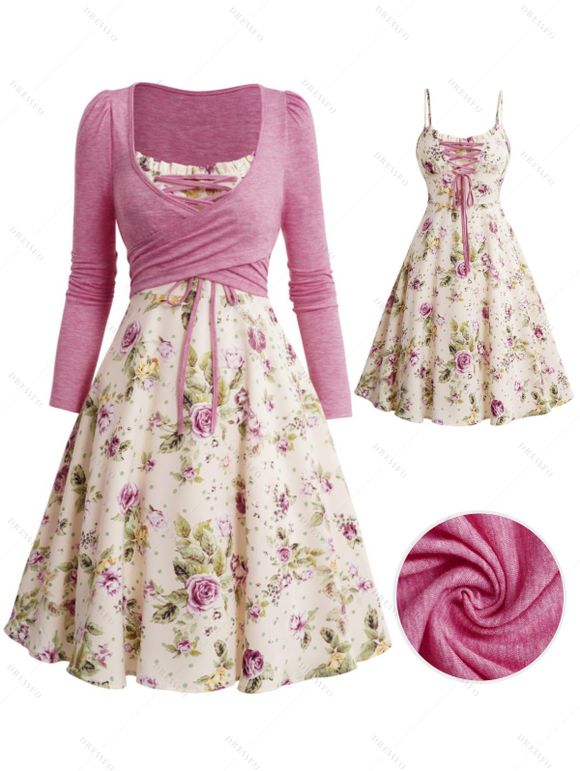 Femme Crossover imprimé Floral mode taille haute Causal robe 2 pièces - Rose clair M | US 6