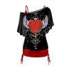 Wing Broken Heart Geometric Print Oblique Shoulder T Shirt And Cinched V Neck Spaghetti Strap Two Piece Set