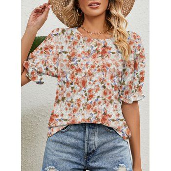 

Floral Print Poet Short Sleeve Tee Round Neck Casual T Shirt, Light orange
