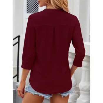 Eyelet Embroidery 3/4 Sleeve Notched Neck Solid Color Tee