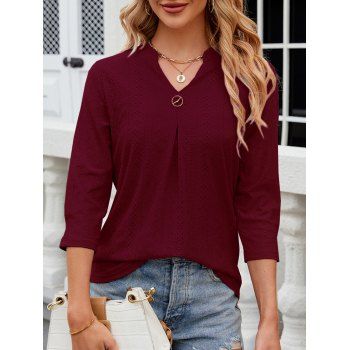 

Eyelet Embroidery 3/4 Sleeve Notched Neck Solid Color Tee, Deep red