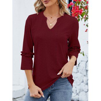 

Eyelet V Neck 3/4 Sleeve Plain Color Poet Sleeve Fit T Shirt, Deep red