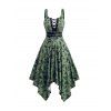 Allover Gothic Skull Print Lace Up Cami Dress Double Buckle Panel Handkerchief Dress
