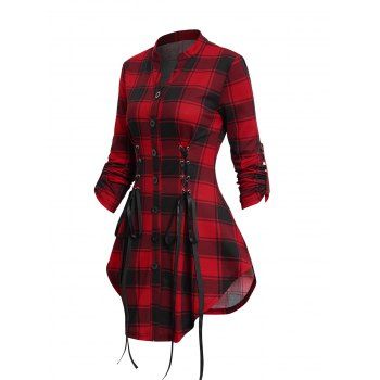 

Women Plaid Spring And Autumn New Style Long-sleeve Loose Straight Irregular Top, Red