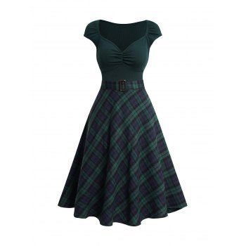 

Plaid Panel Short Sleeve Midi Dress Sweetheart Neck High Waist Dress, Deep green