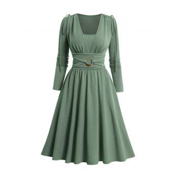 

Ruched O Ring Knotted Long Sleeve A Line Dress Cinched Shoulder Dress, Green