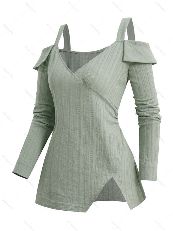 Chemise Asymétrique Texturée Epaule Dénudée à Ourlet avec Revers à Manches Longues - Vert clair XXL | US 14