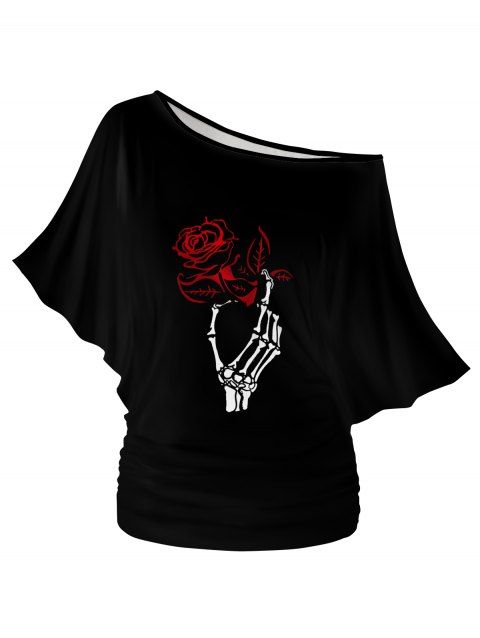 Valentine's Day Red Rose Skeleton Print Oblique Shoulder Batwing Sleeve T-shirt