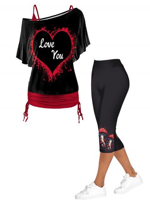 T-shirt d'épaule oblique de la Saint-Valentin avec ensemble de verrouillage de spaghetti et tenue de leggings à taille élastique