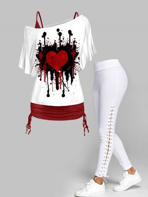 T-shirt d'épaule oblique de la Saint-Valentin avec un jeu de ganglions spaghetti à cou de cou et à lacets