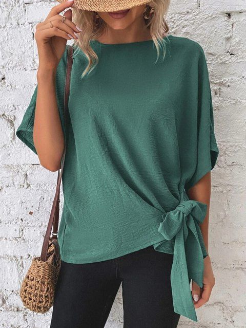 Solid Color Batwing Sleeve Tie Side Tee Crew Neck Loose T Shirt